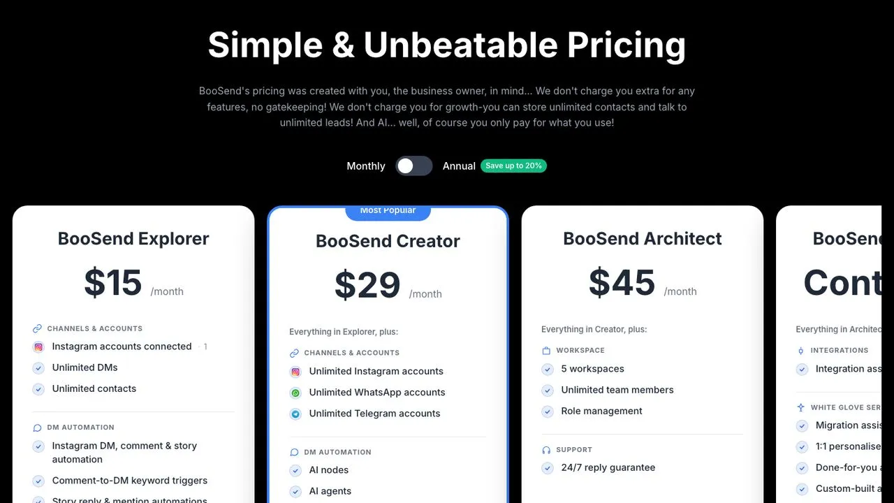LinkDM alternatives: BooSend pricing with Explorer, Creator and Architect plans