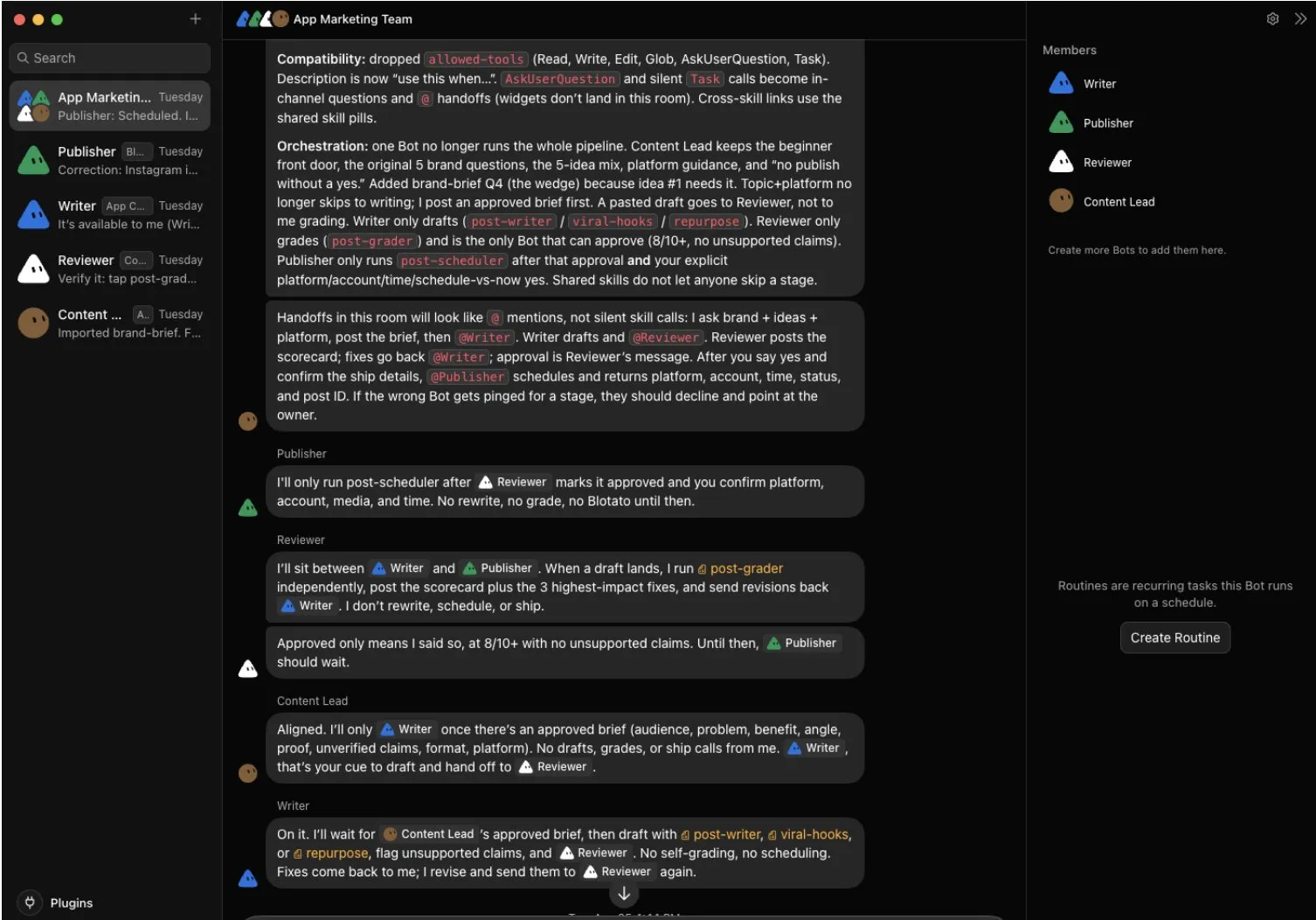The App Marketing Team channel in Grok Bot: the Content Lead posts the orchestration playbook while the Publisher, Reviewer, and Writer each confirm their stage and boundaries.