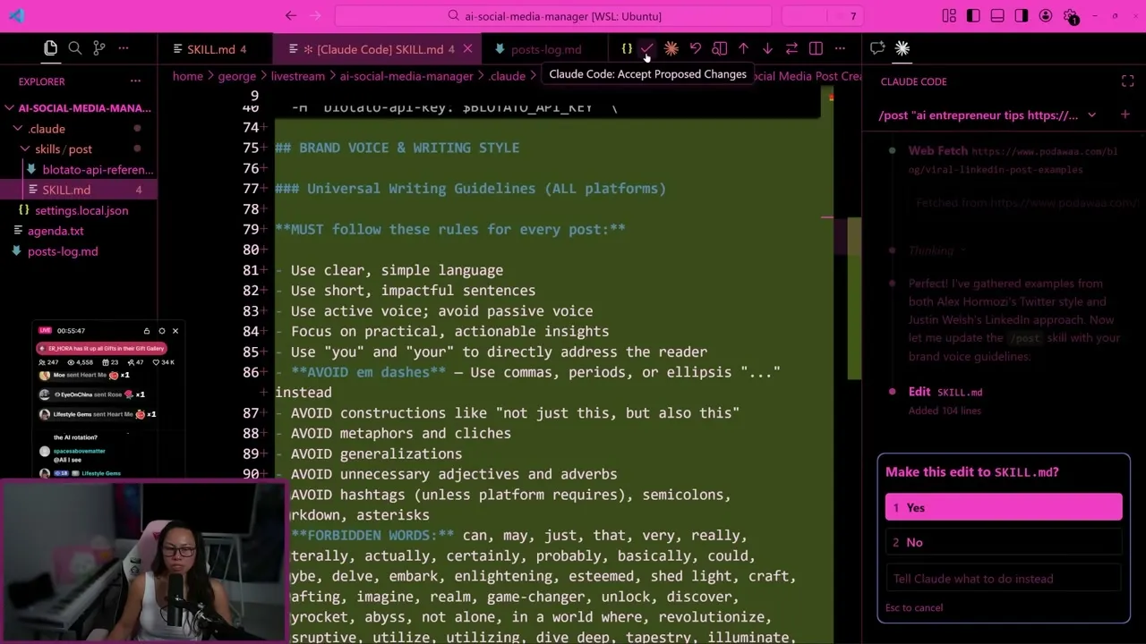 The brand voice and writing style section of the SKILL.md file, listing universal writing guidelines and banned words.