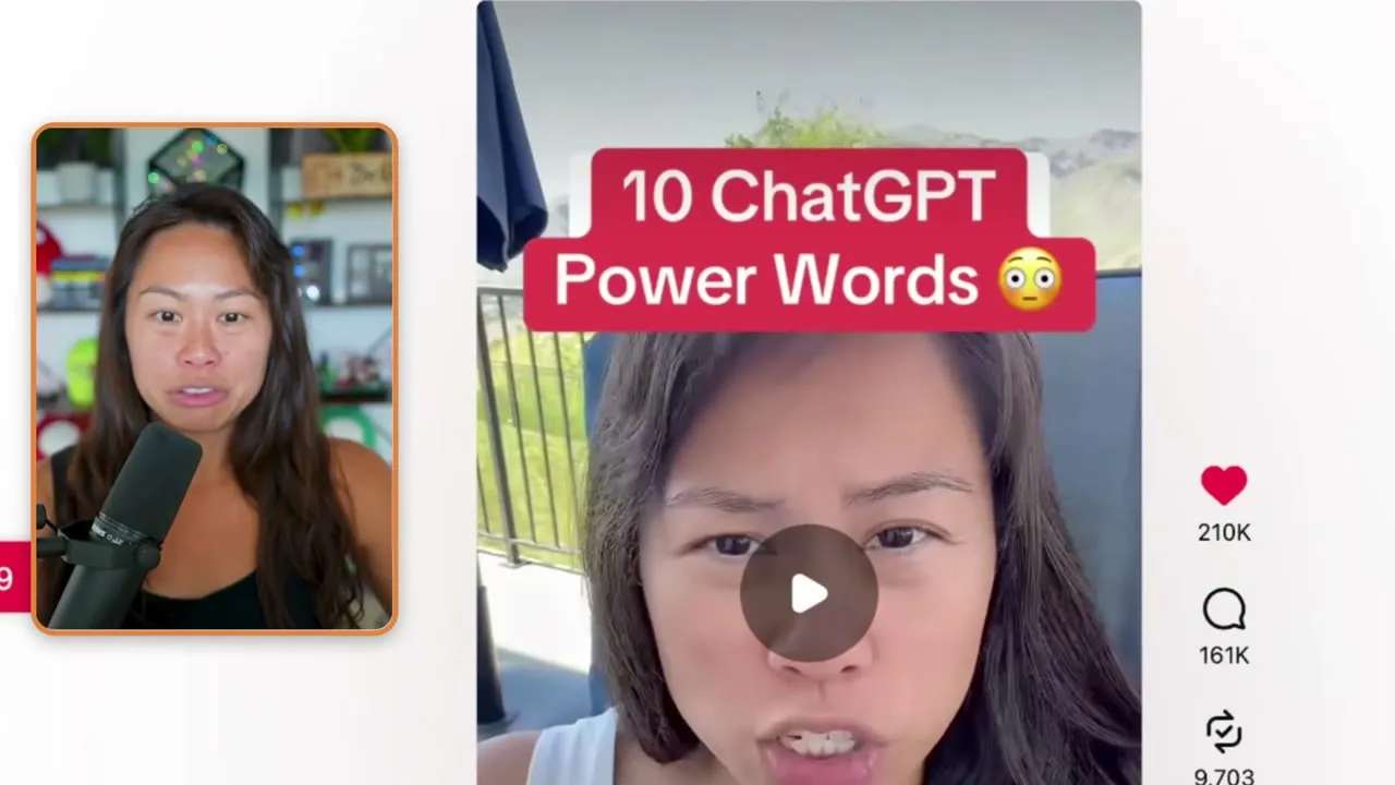 The reel opening on a red on-screen title reading 10 ChatGPT Power Words, with 210K likes and 161K comments visible beside it.