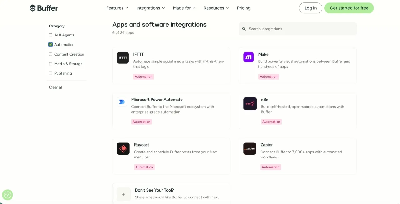 Buffer's Automation category lists six first-party integrations in 2026: IFTTT, Make, Microsoft Power Automate, n8n, Raycast, and Zapier, each available without a third-party connector.