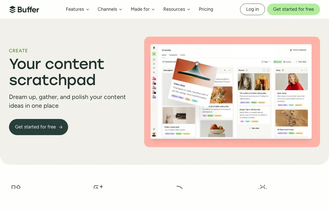 Buffer's Create module is a kanban-style scratchpad for organizing content ideas.