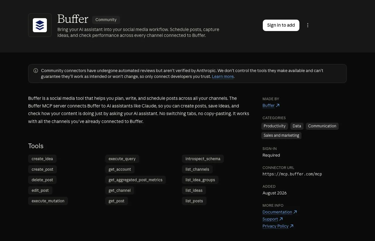 Buffer's listing in Claude's connector directory.
