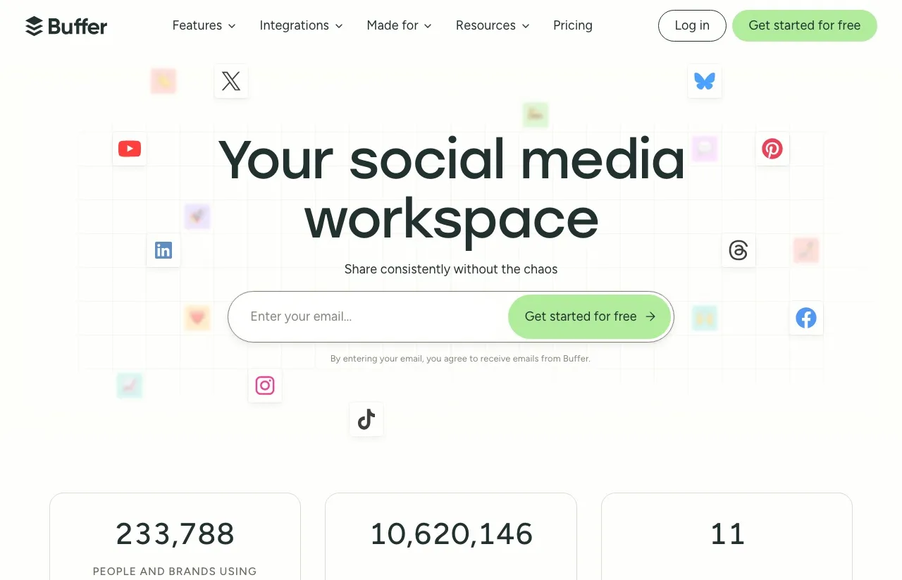 Buffer's homepage describes the product as a social media workspace built around publishing, engagement, and analytics.