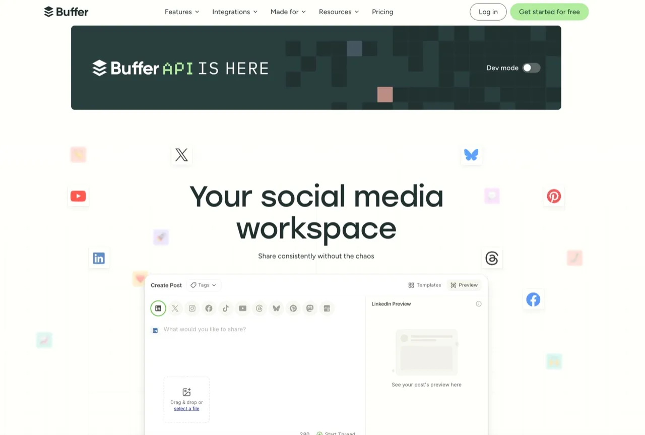 Buffer's homepage, a clean social media scheduler built for creators and small businesses, with a free plan for up to 3 channels.