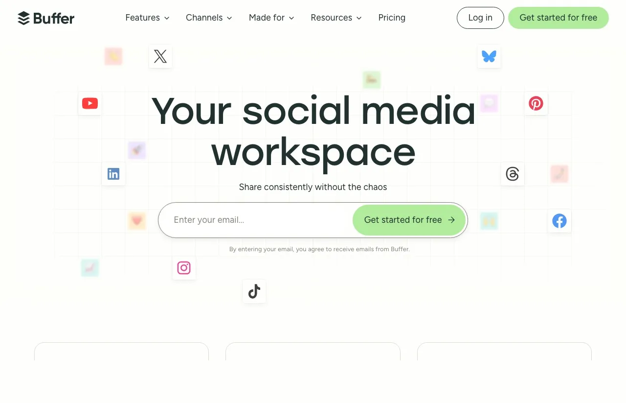 Buffer's homepage positions it as a social media workspace for publishing, engagement, and analytics.