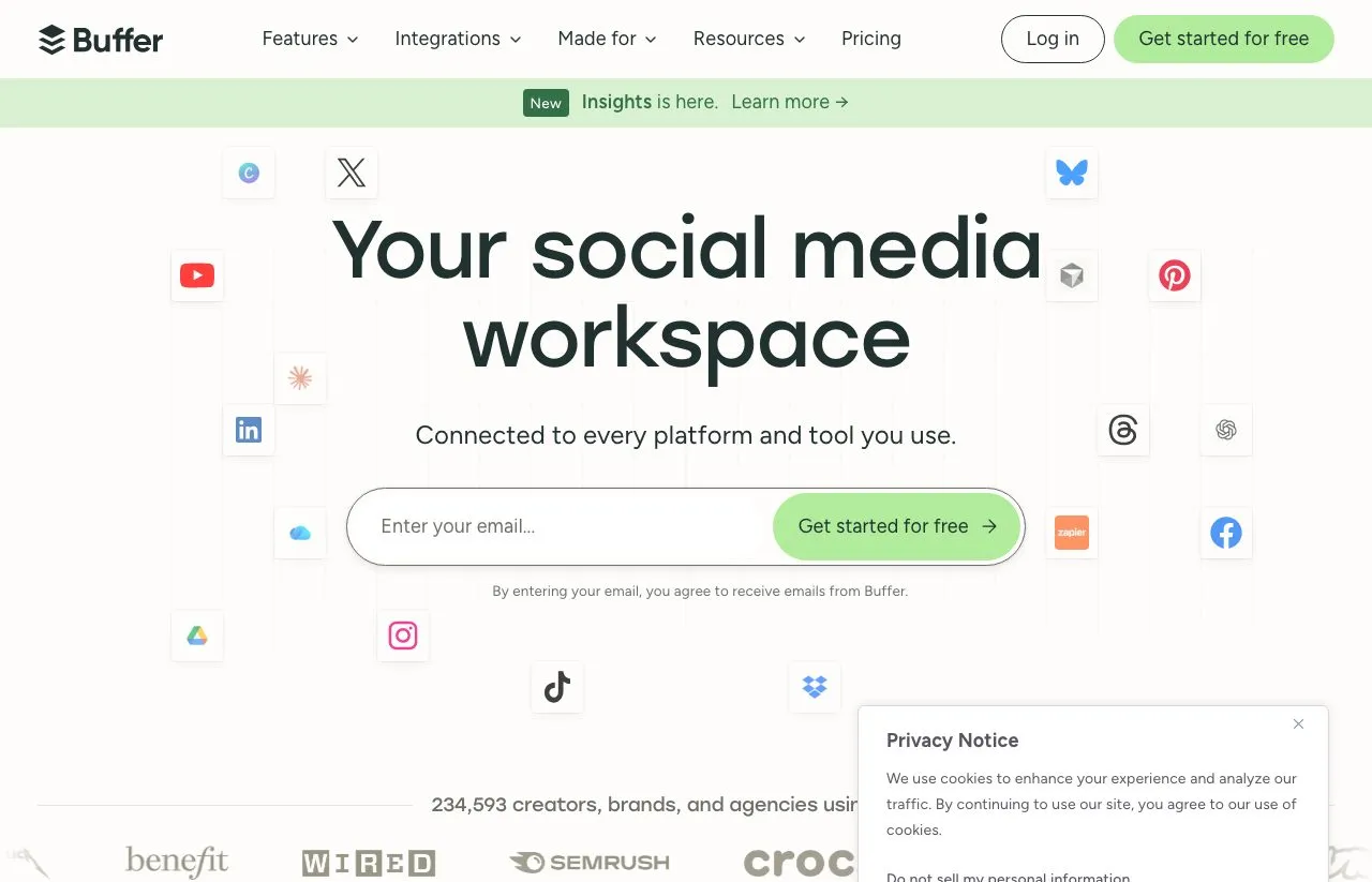 Buffer's homepage, a long-established social media scheduling and publishing tool for creators and small teams.