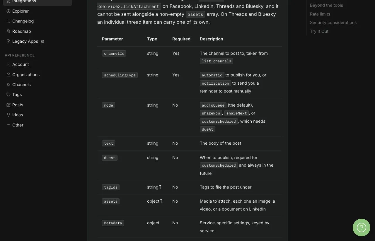 Buffer's MCP docs, showing create_post and the modes an agent can choose from.
