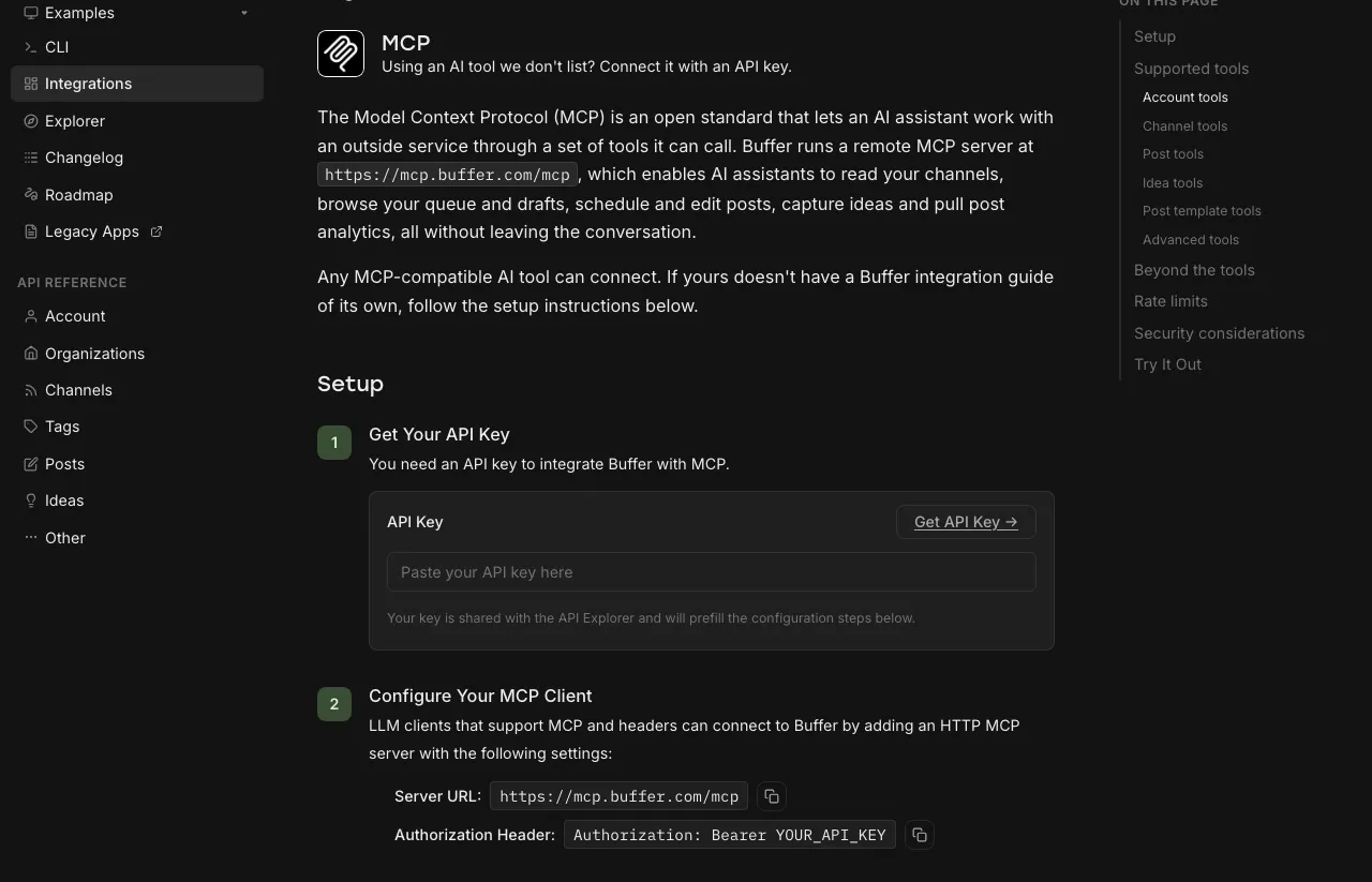 Buffer's MCP docs: a remote server at mcp.buffer.com/mcp that lets an AI assistant browse your queue and drafts, connected with an API key.