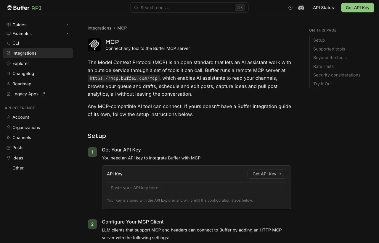 Buffer's MCP guide, documenting the tools an assistant can call and the two generic GraphQL tools behind them.