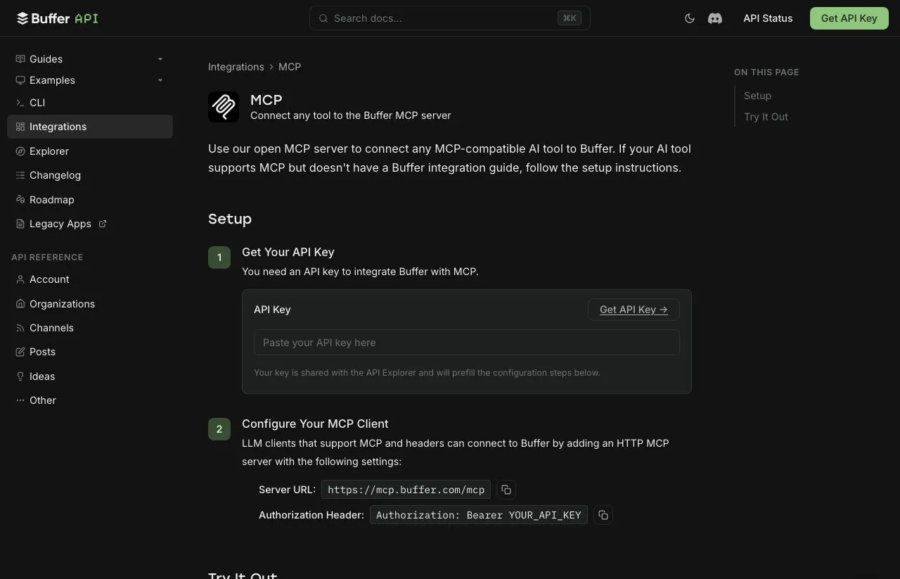 Buffer's MCP documentation showing the server URL at mcp.buffer.com/mcp and the Bearer authorization header.