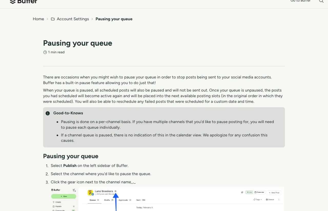 Buffer's help article on pausing a queue, which works one channel at a time.