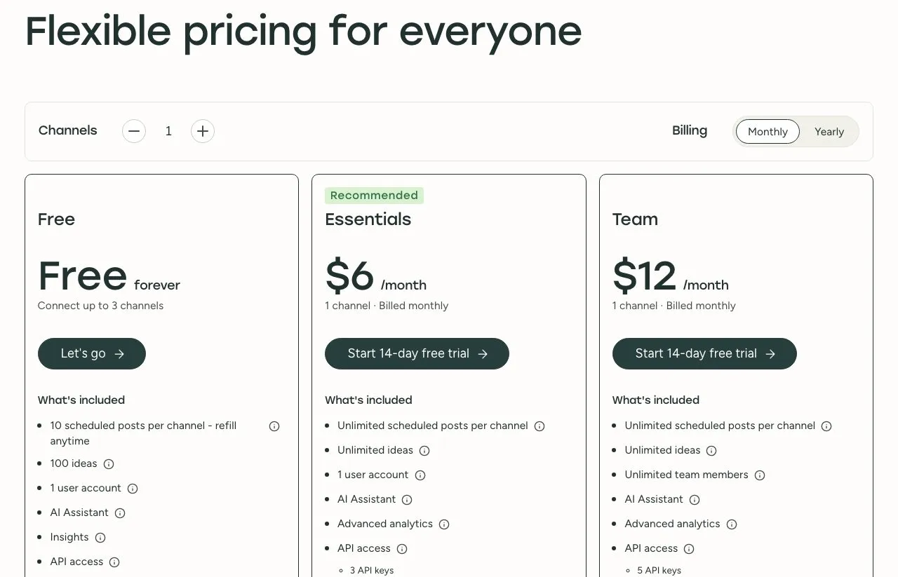Buffer's pricing page on monthly billing, with Essentials at $6 and Team at $12 per channel.