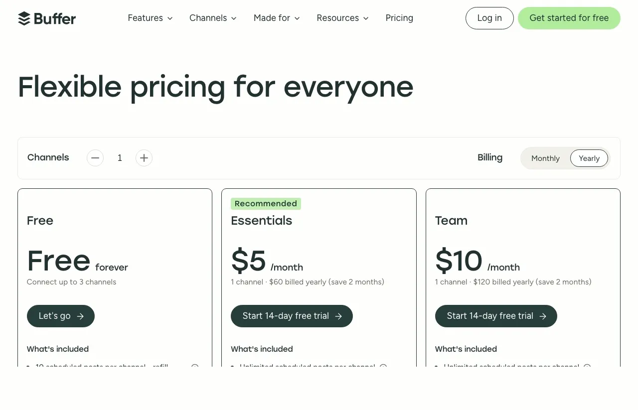 Buffer's pricing page: Free, Essentials at $5 per channel, and Team at $10 per channel, with a 14-day trial on paid plans.