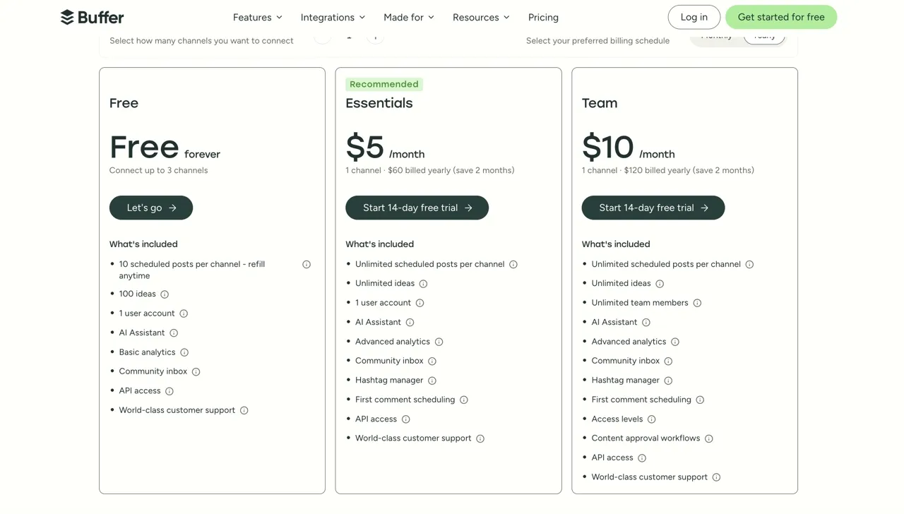 Buffer's three pricing plans side by side in 2026: Free with 3 channels and 10 scheduled posts each, Essentials at $5 per month per channel, and Team at $10 per month per channel, with feature lists and a 14-day trial on both paid plans.