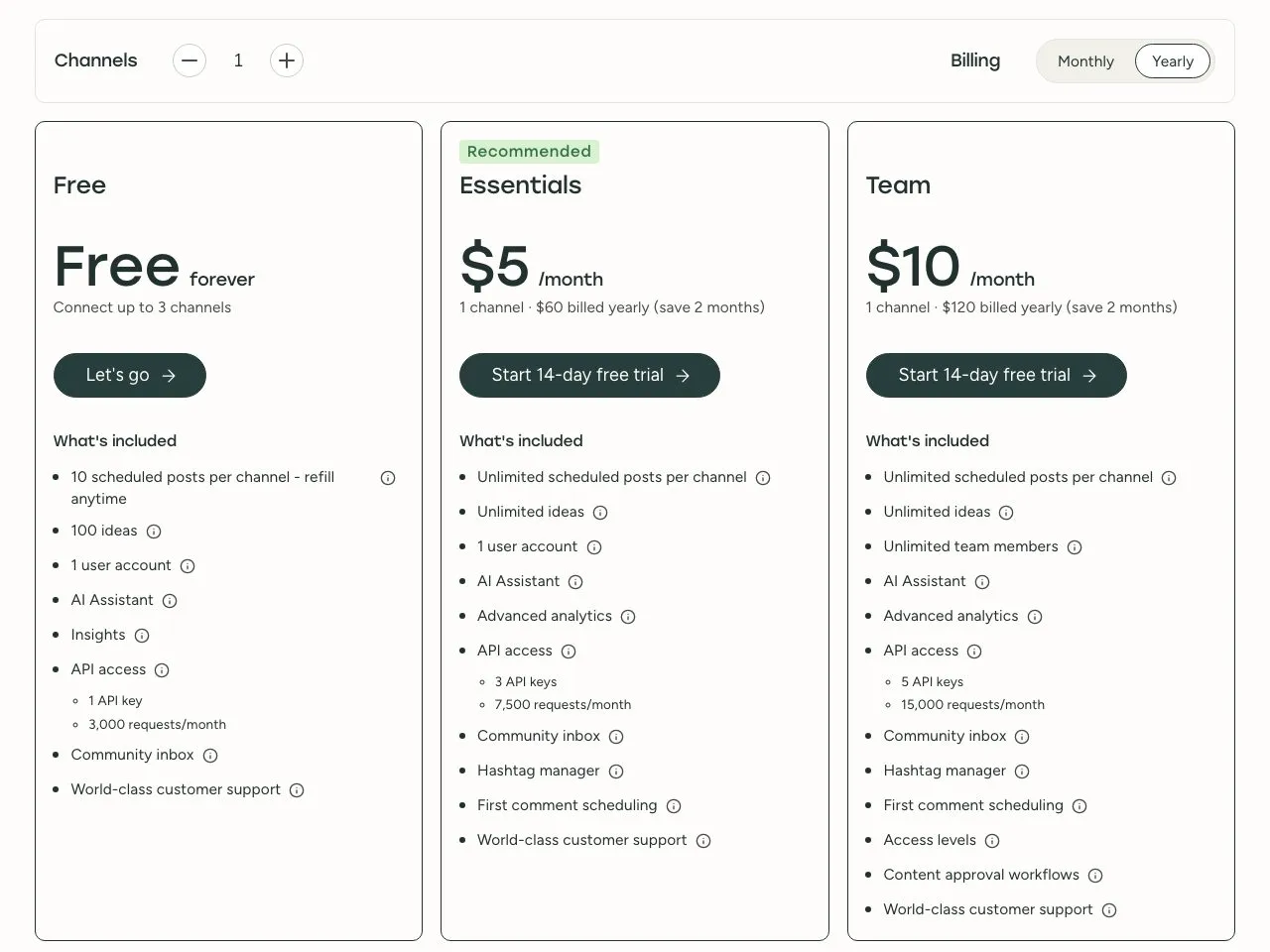 Buffer's pricing: a free plan for 3 channels, Essentials and Team billed per channel, with the toggle defaulting to yearly rates.