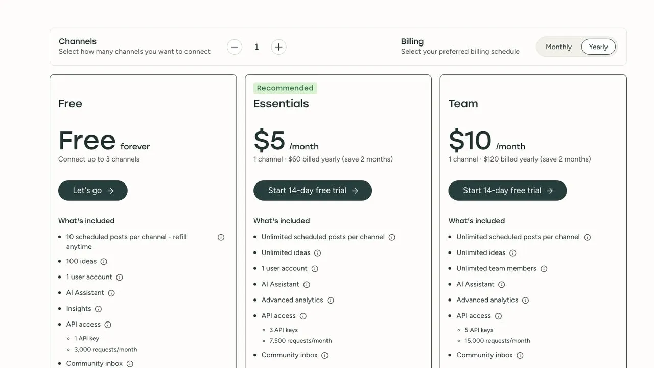 Metricool alternative Buffer pricing page showing per-channel plans
