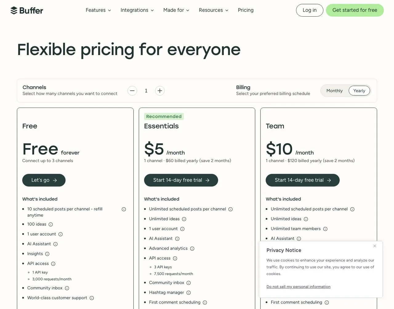 SocialClaw alternative Buffer, per-channel social media scheduling pricing page