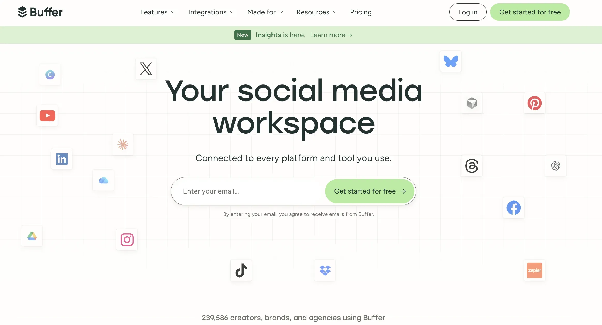 Buffer homepage showing the social media workspace connected to X and other platforms