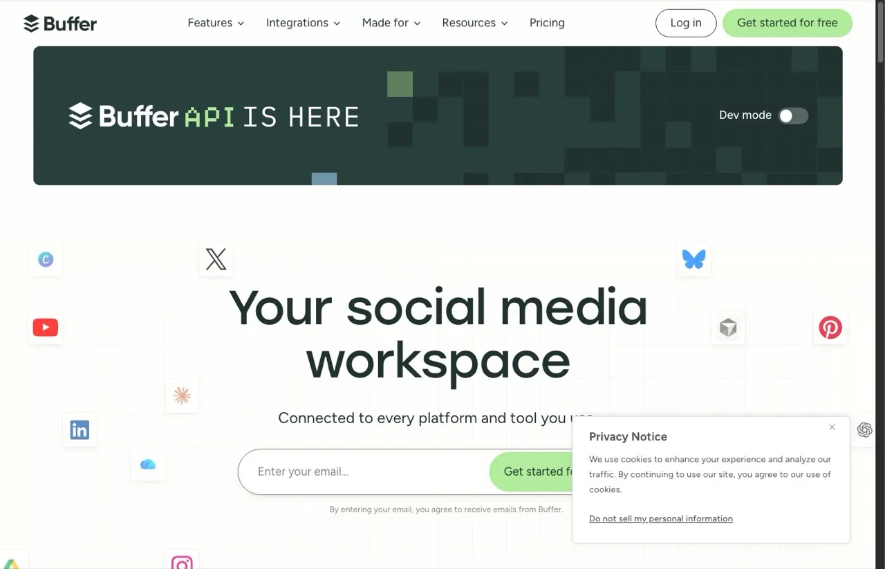 Ayrshare alternative Buffer homepage showing simple social media publishing with a free plan