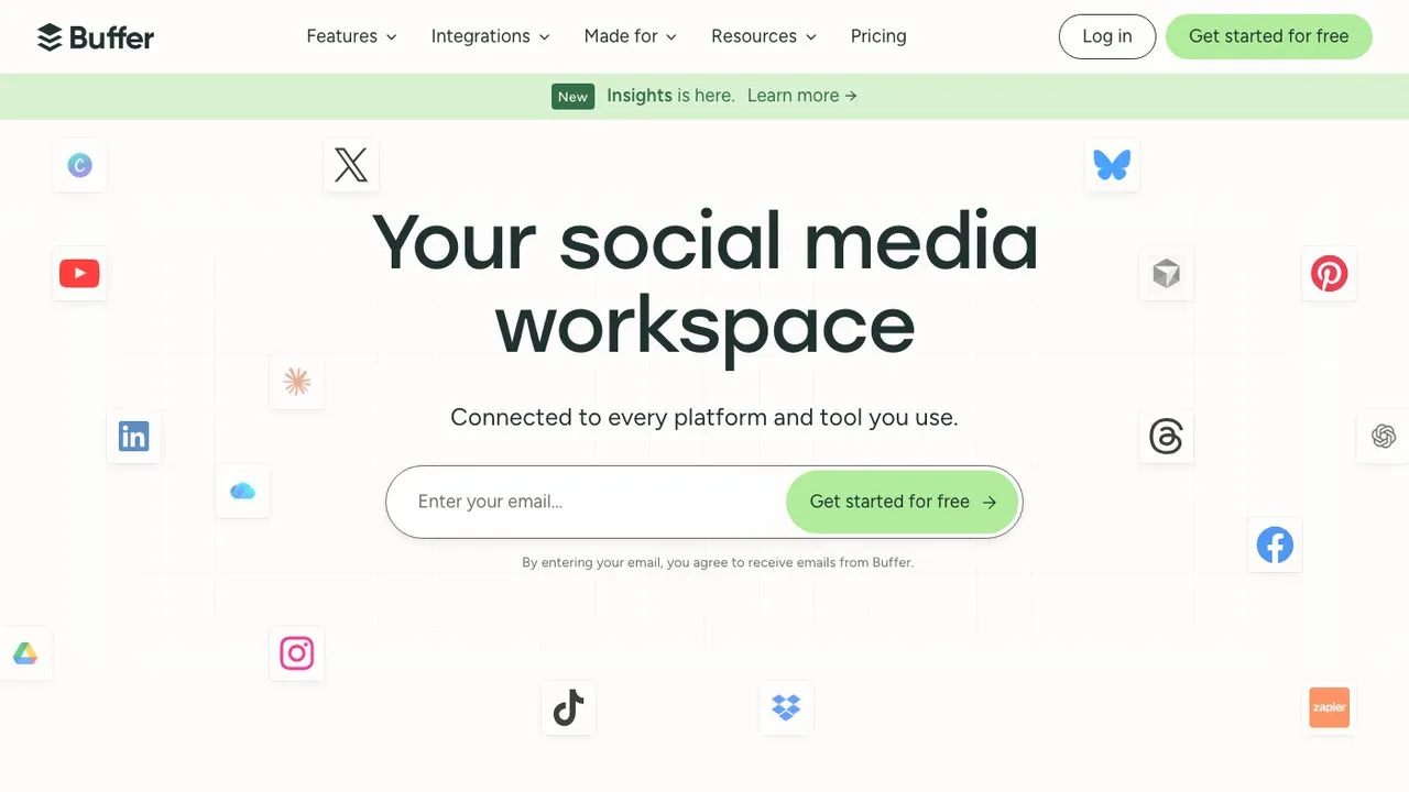 SocialBee alternatives: Buffer homepage showing its social media workspace
