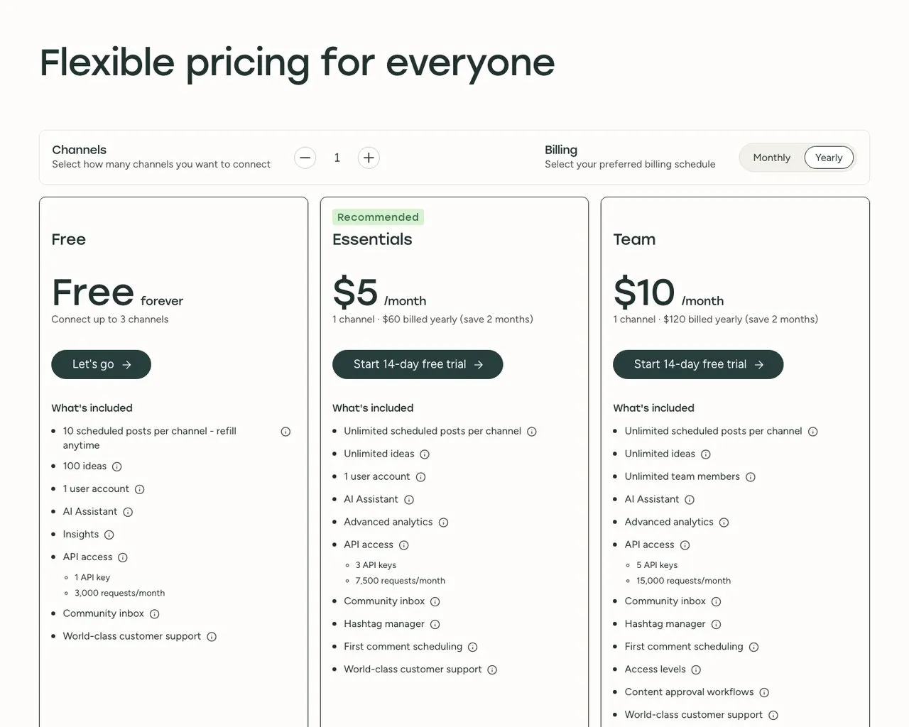 Tailwind app alternative Buffer pricing page showing free plan and per-channel pricing