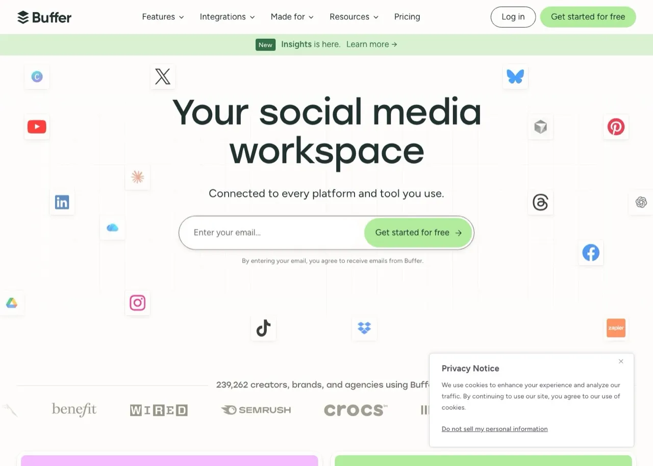 WoopSocial alternative Buffer homepage showing social media scheduling and publishing tools