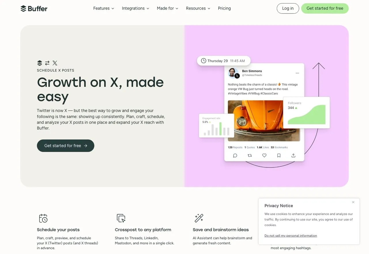 Buffer X Twitter post scheduler page showing scheduling and analytics for X