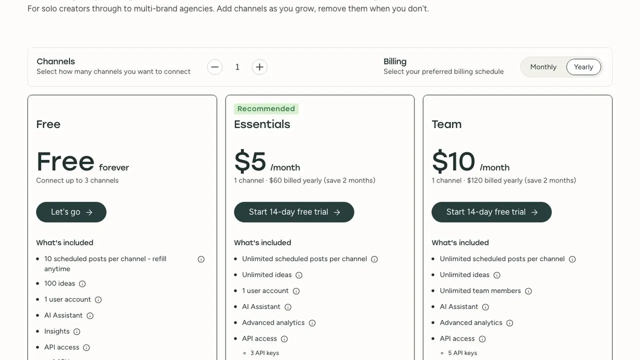 Buffer pricing page showing a free plan and Essentials from $6 per channel per month