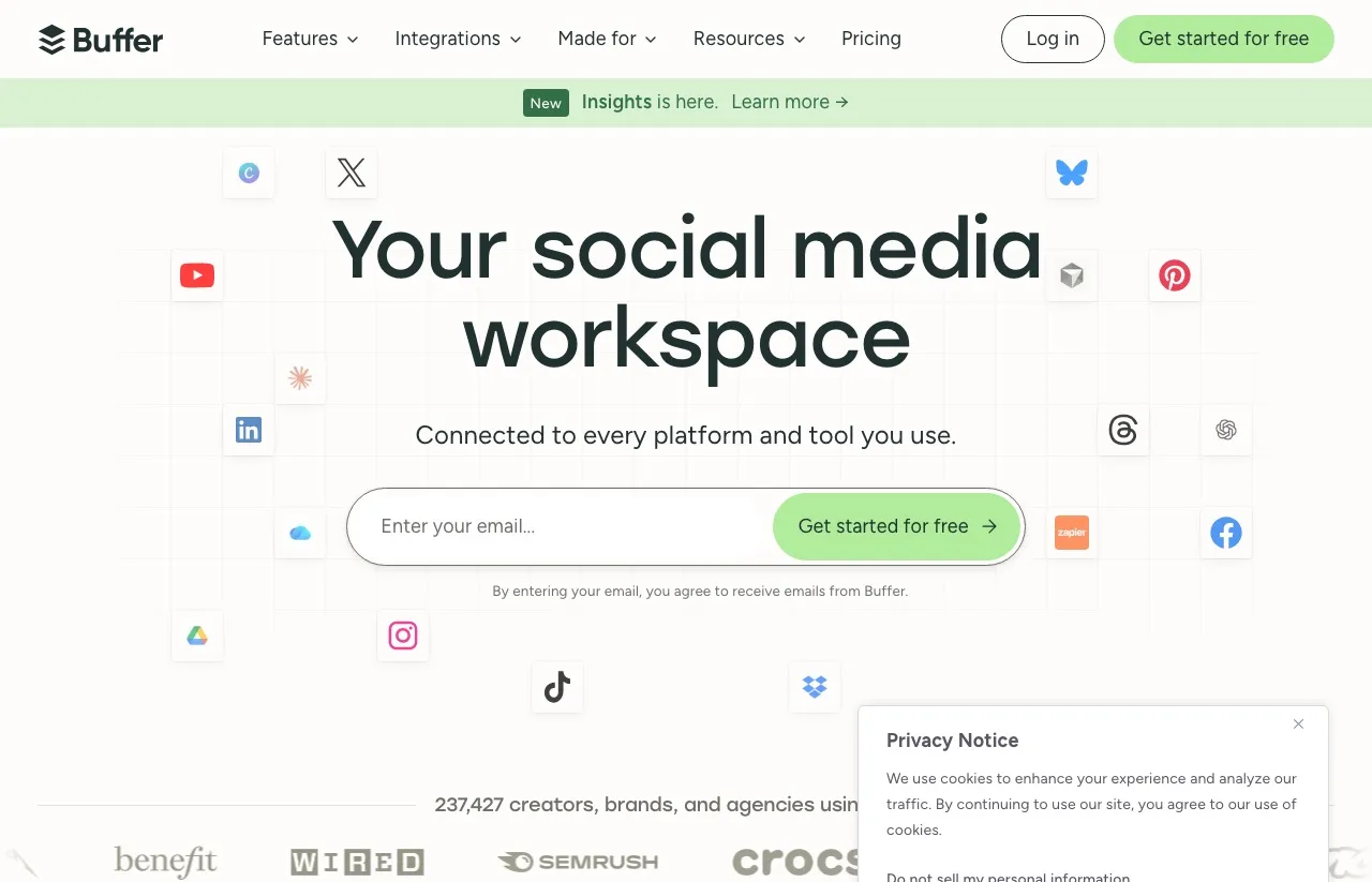 Postiz alternative Buffer: a simple hosted scheduler with a free plan for three channels
