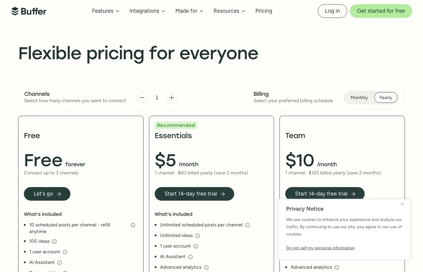 Publer alternative Buffer pricing with free plan and per-channel tiers