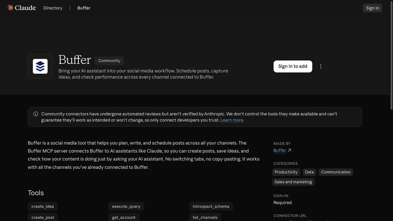 Best Claude connectors for social media: Buffer's Community listing in Claude's connector directory