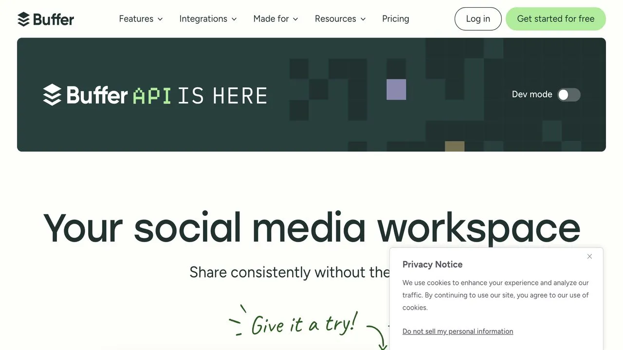 Buffer API homepage, the beta API powering Buffer's official Claude MCP server