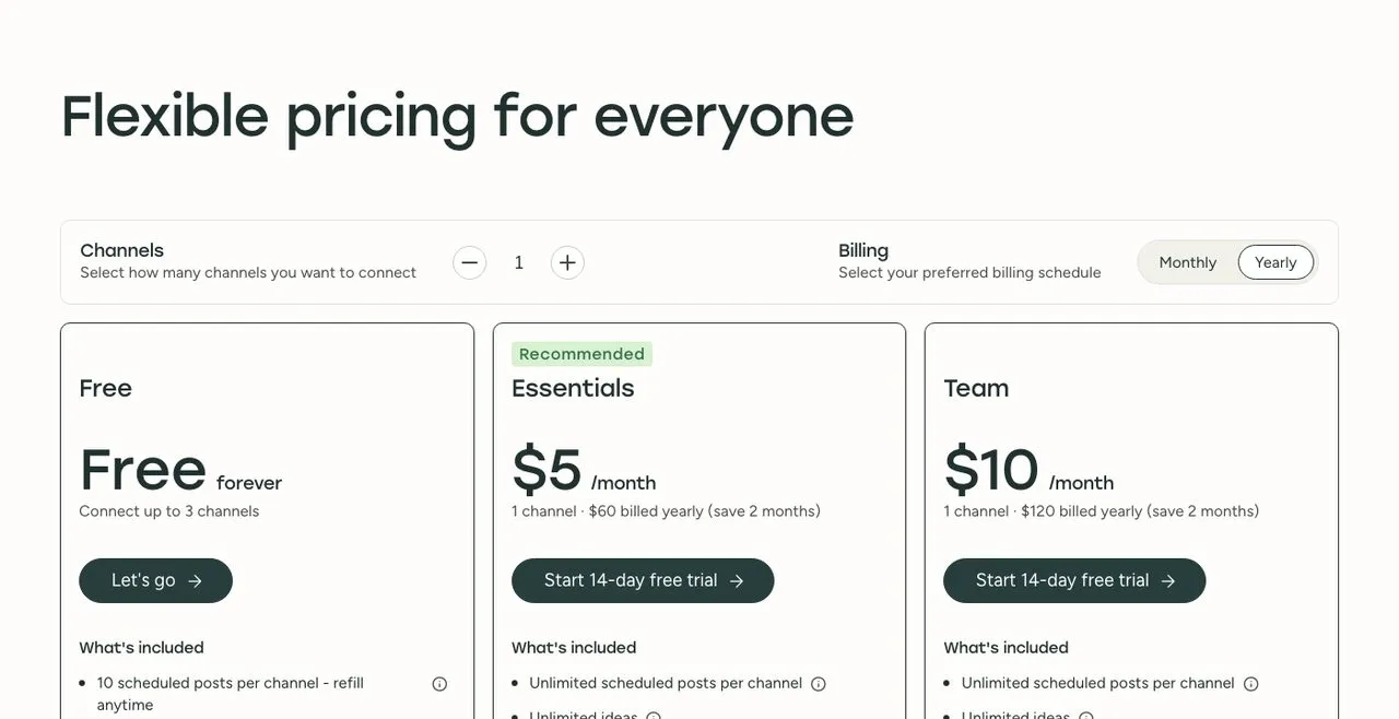 Blaze AI alternatives: Buffer pricing showing per-channel rates and the billing toggle