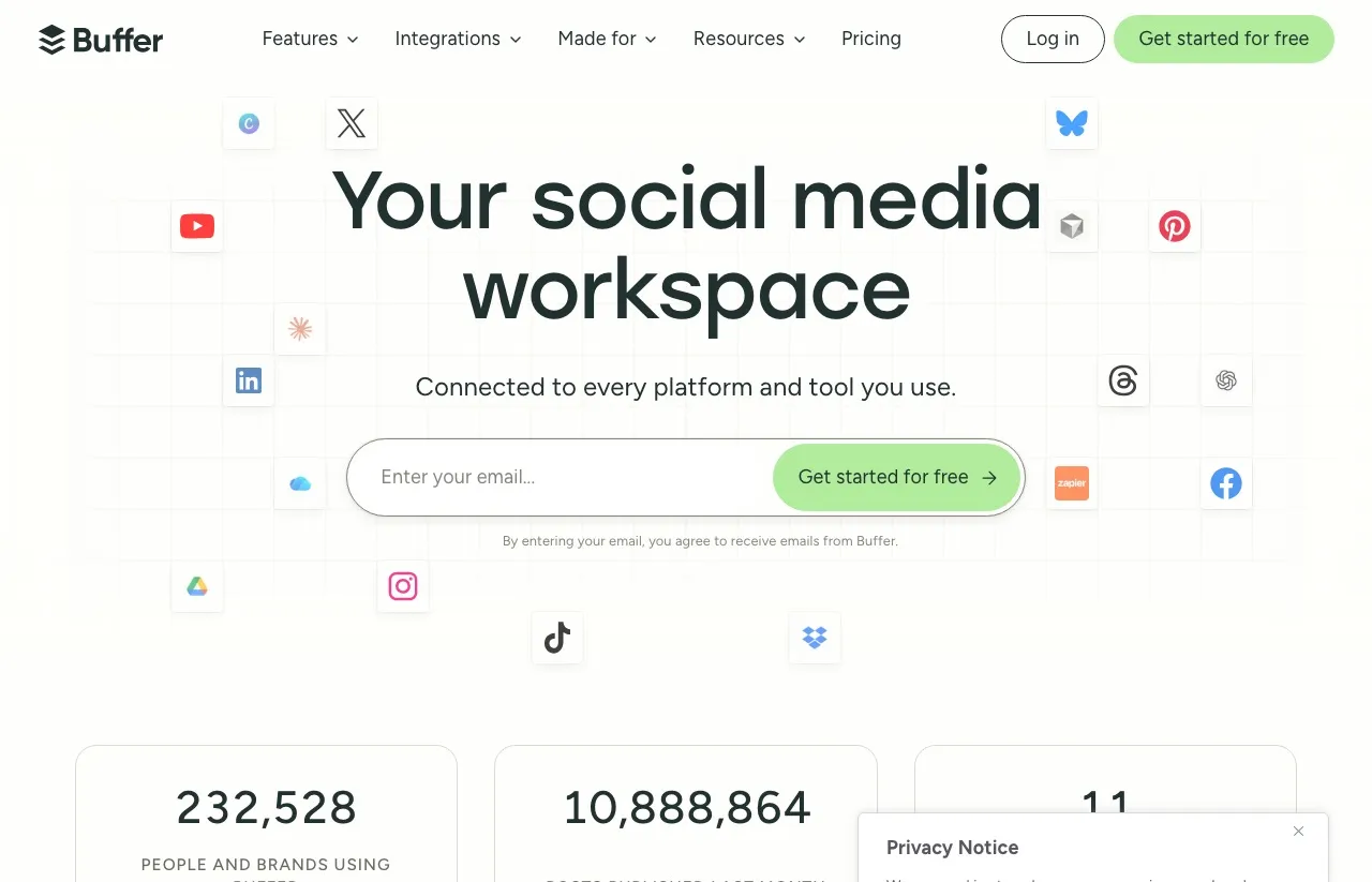 Buffer, a simple social media scheduler and n8n alternative, positioned as your social media workspace connected to every platform.