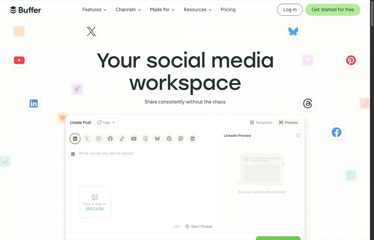 Hootsuite alternative Buffer homepage showing simple social media scheduling for creators