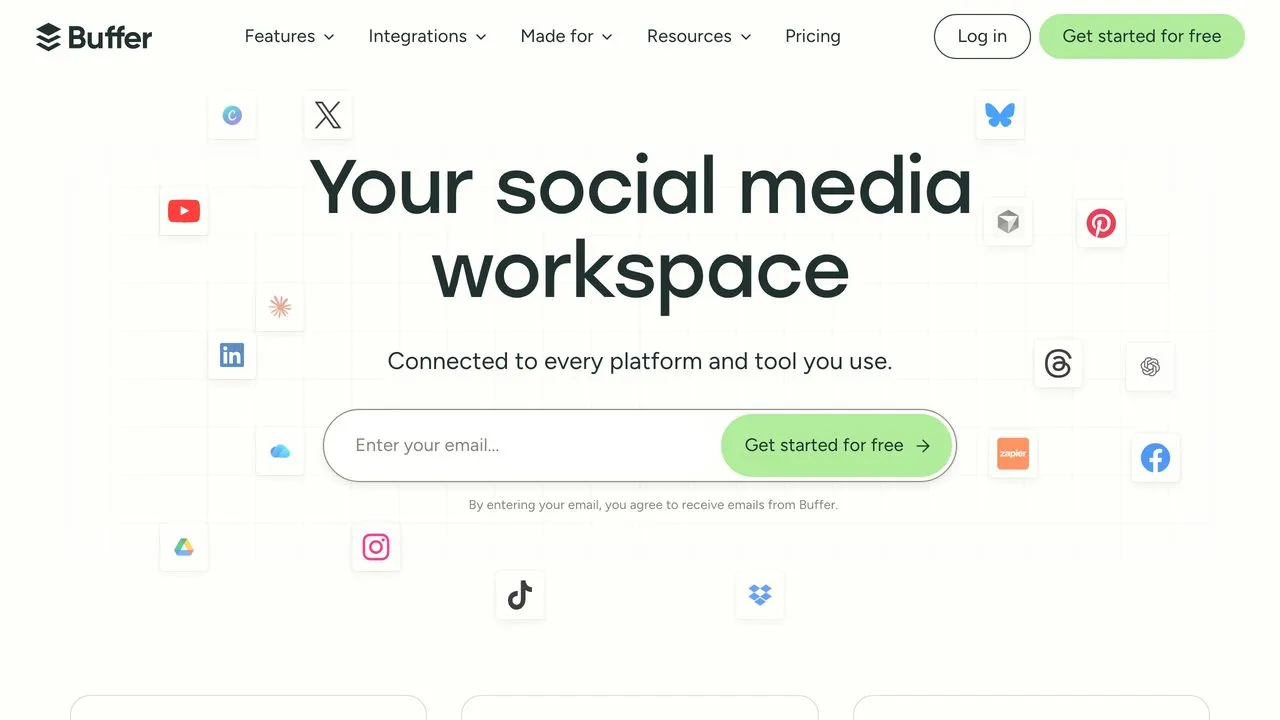 Buffer social media workspace homepage connected to every platform and tool
