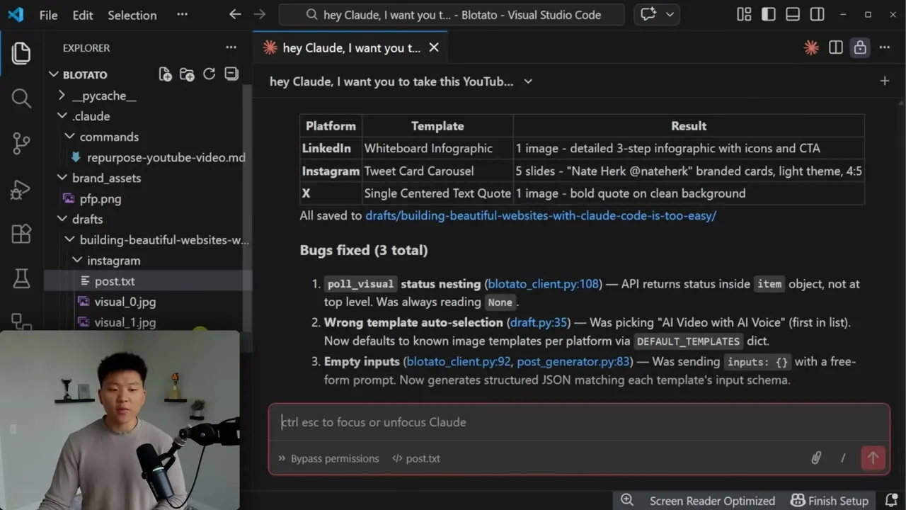 Claude Code reporting three bugs it fixed: status nesting in the API response, wrong template auto-selection, and empty inputs being sent instead of structured JSON.