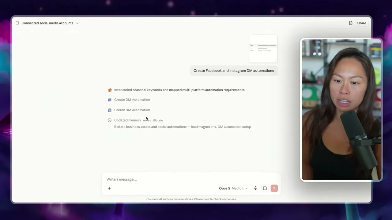 Claude reading a screenshot of a keyword spreadsheet and creating multiple DM automations for Facebook and Instagram at once