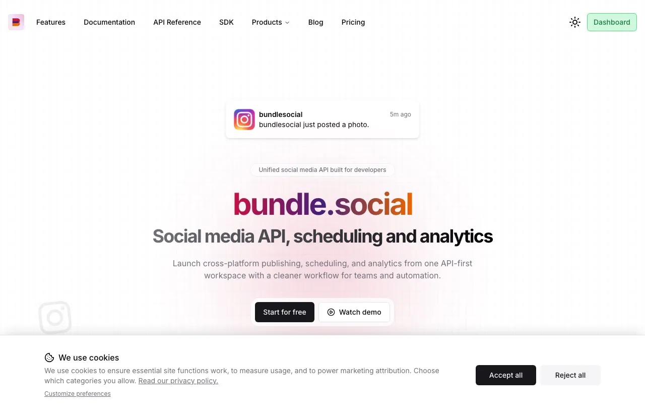 Bundle.social's homepage: social media API, scheduling and analytics from one API-first workspace.