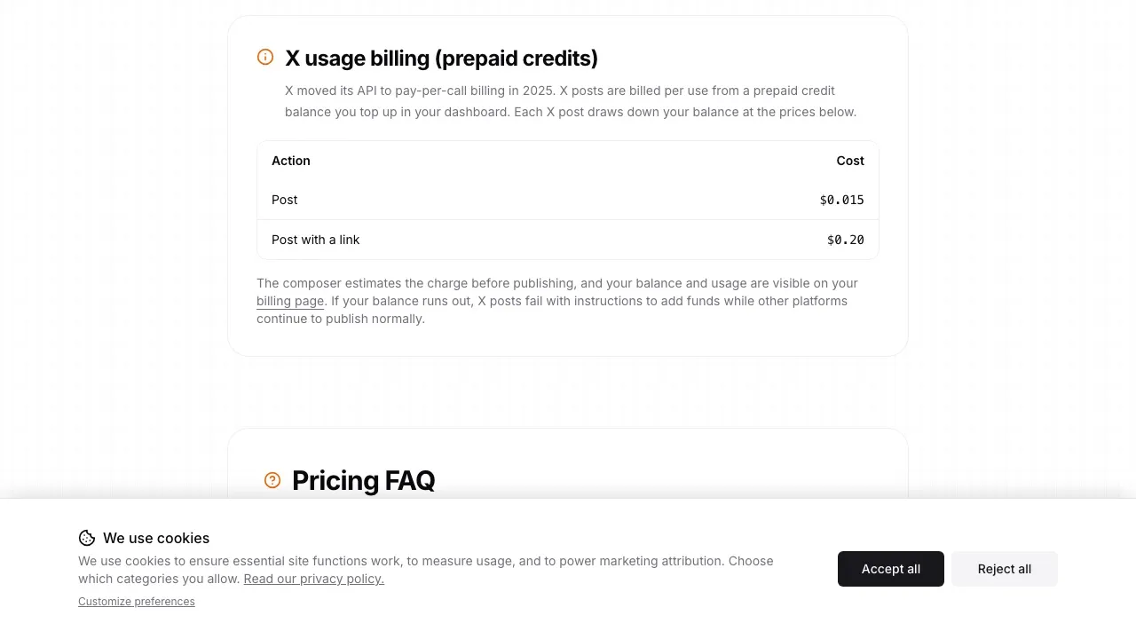 Bundle.social's X usage billing table: $0.015 per post and $0.20 per post with a link, billed from a prepaid credit balance.