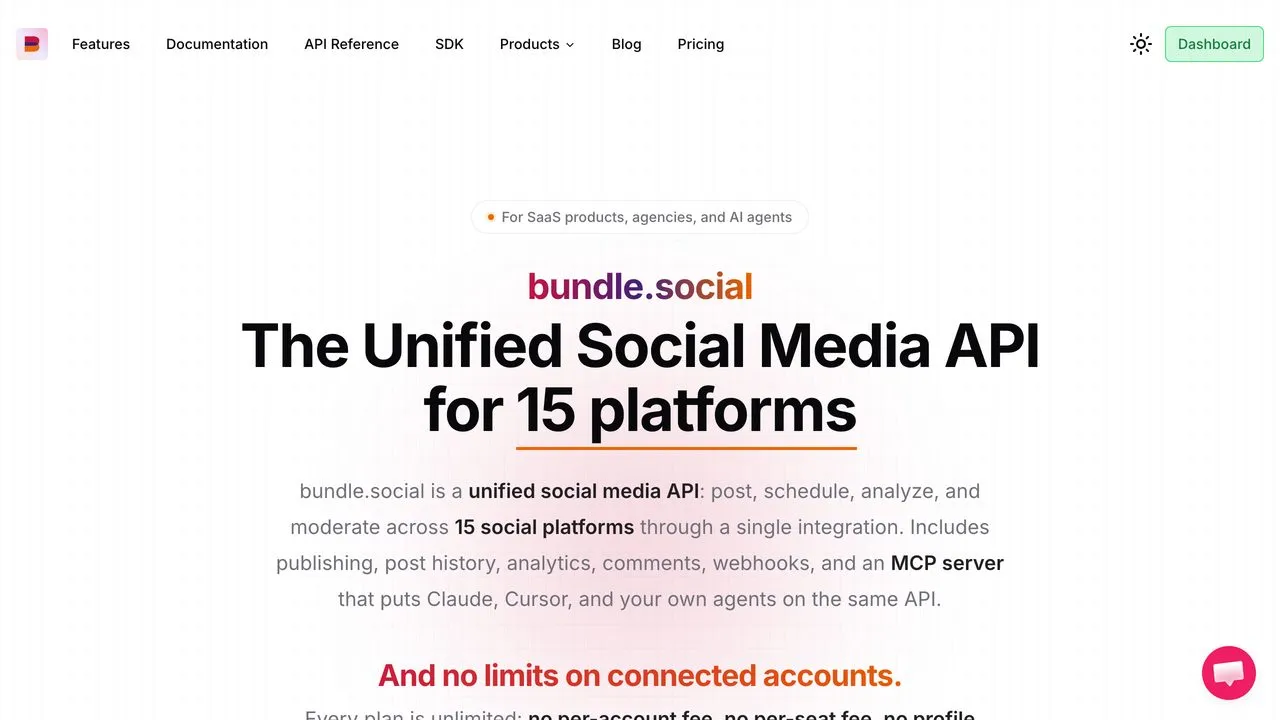 bundle.social unified social media API supporting 15 platforms with unlimited connected accounts