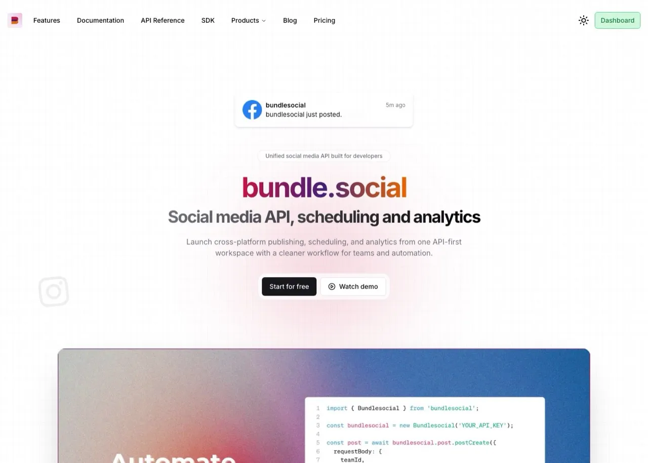 Postproxy alternative bundle.social homepage showing a unified social media API with scheduling and analytics