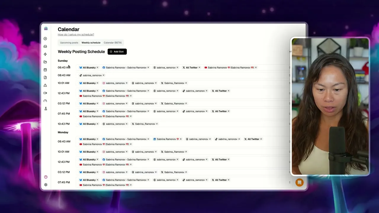 The Blotato weekly posting schedule showing recurring time slots for Sunday and Monday with multiple social accounts attached to each.