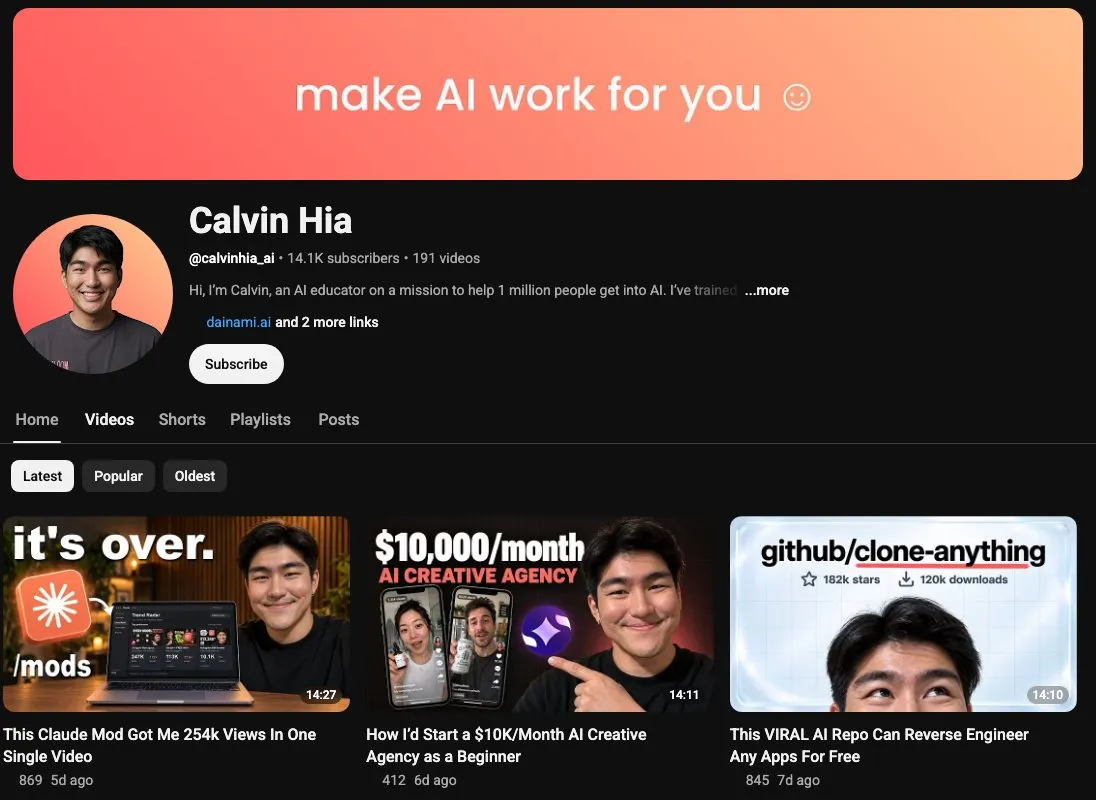 Calvin Hia's YouTube channel of agent and comment-to-DM automation tutorials