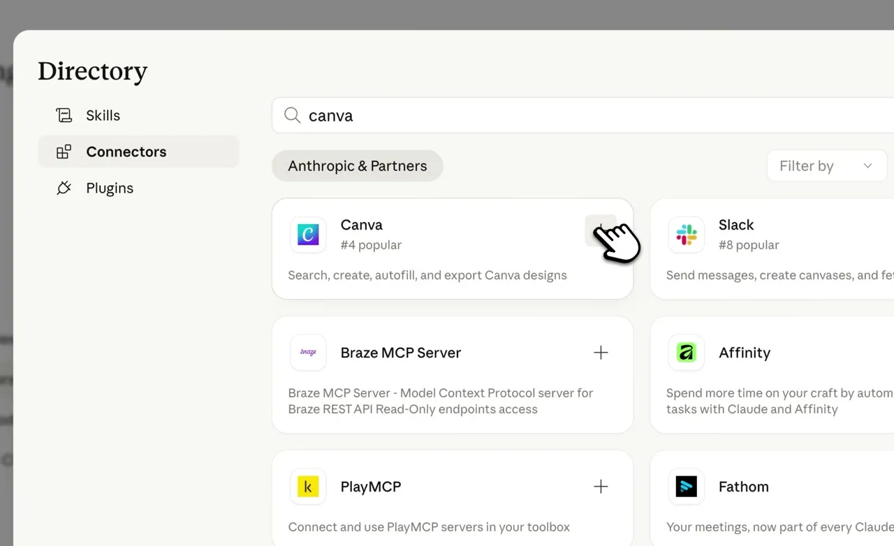 Claude connector directory with canva typed into the search bar, showing the official Canva connector card listed as the fourth most popular integration in the Anthropic and Partners directory.