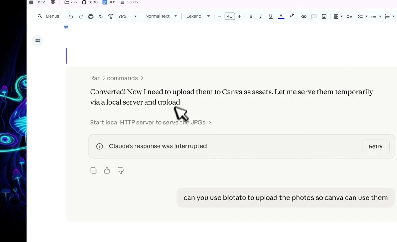 Claude error screenshot showing the Canva export domain network allowlist error with the exact prompt fix highlighted, telling Claude to export from Canva and pass the Canva export domain URLs directly to Blotato to post.