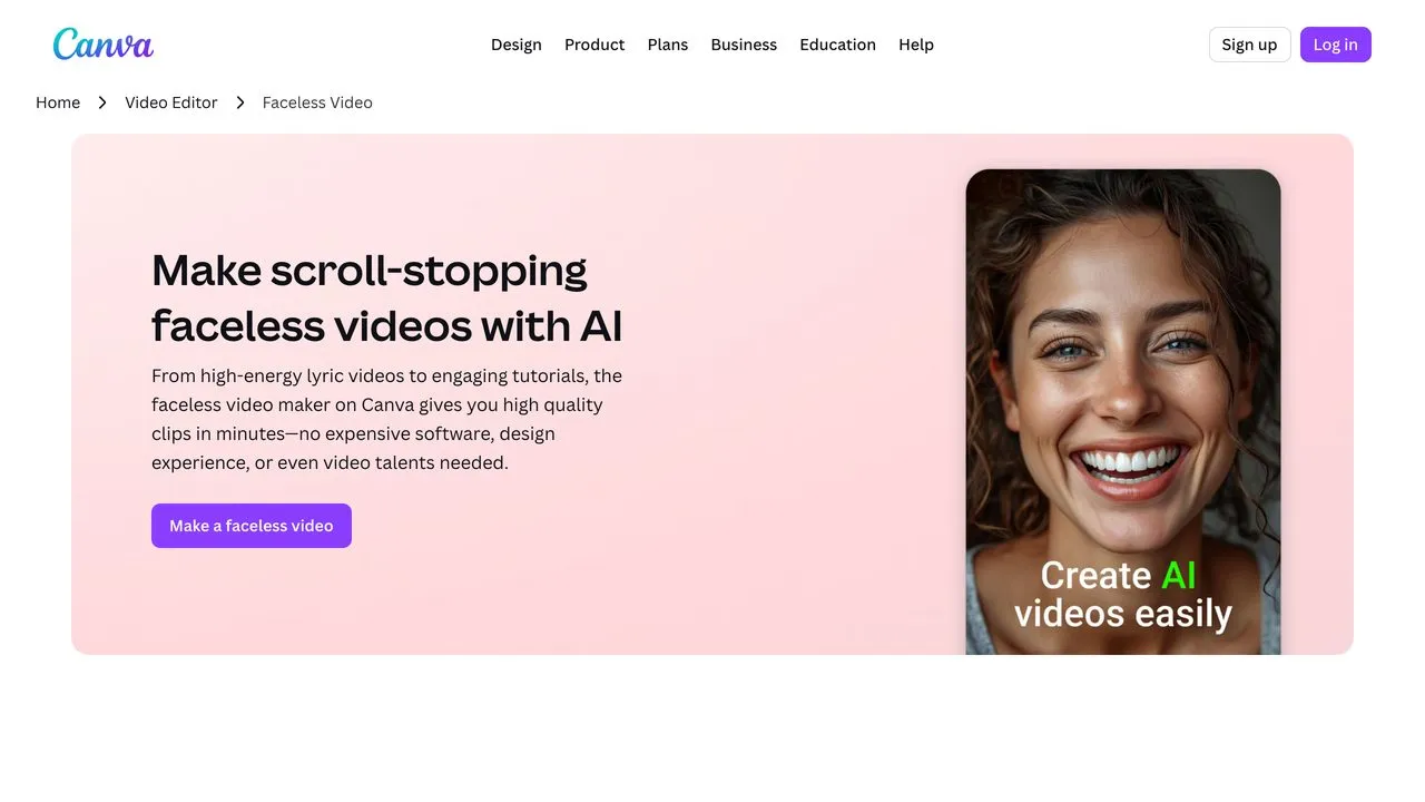 Canva faceless video generator feature page