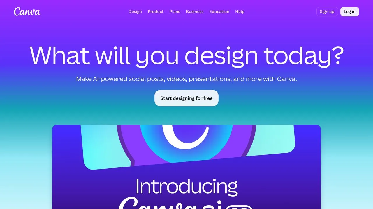 Canva homepage, whose official MCP server makes AI-powered social posts and designs
