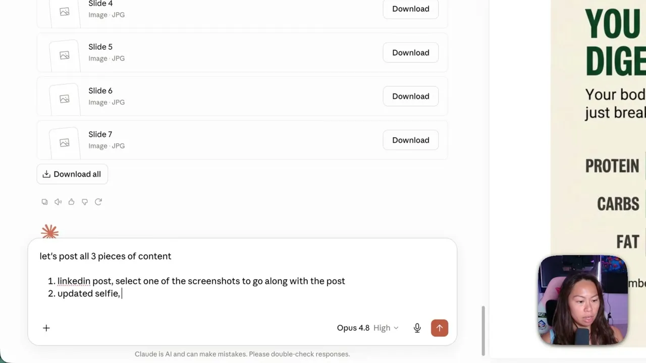 Seven generated carousel slides listed in Claude, alongside the prompt telling the agent to post all three pieces of content.